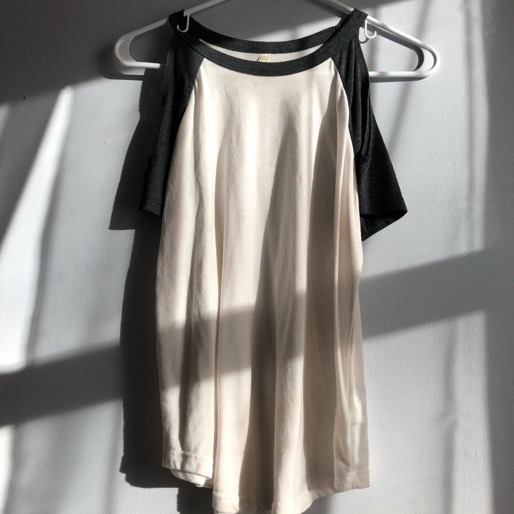 white & gray tee with open shoulder